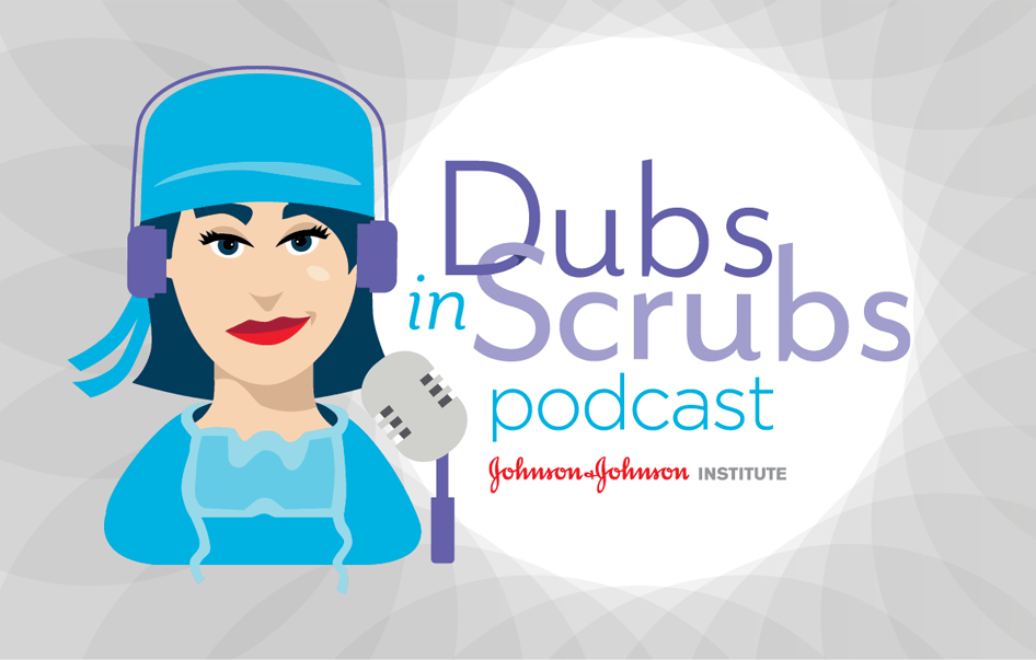 An image of an infographic that describes the Dubs in Scrubs podcast and states that it is available on Apple Podcasts or on Spotify. 