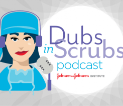 An image of an infographic that describes the Dubs in Scrubs podcast and states that it is available on Apple Podcasts or on Spotify. 