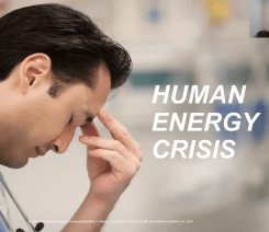 A image of a doctor with his hands to his head with caption: Human Energy Crisis.