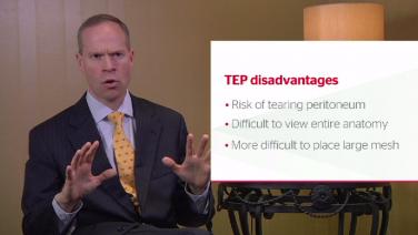 An image of the "Advantages & Disadvantages of TAPP & TEP Laparoscopic Inguinal Hernia Repair with Kent Kercher, MD" video on the JnJInstitute.com website.
