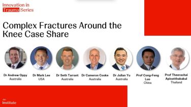 A slide with headshot images from all of the panelist from the Innovation in Trauma Series