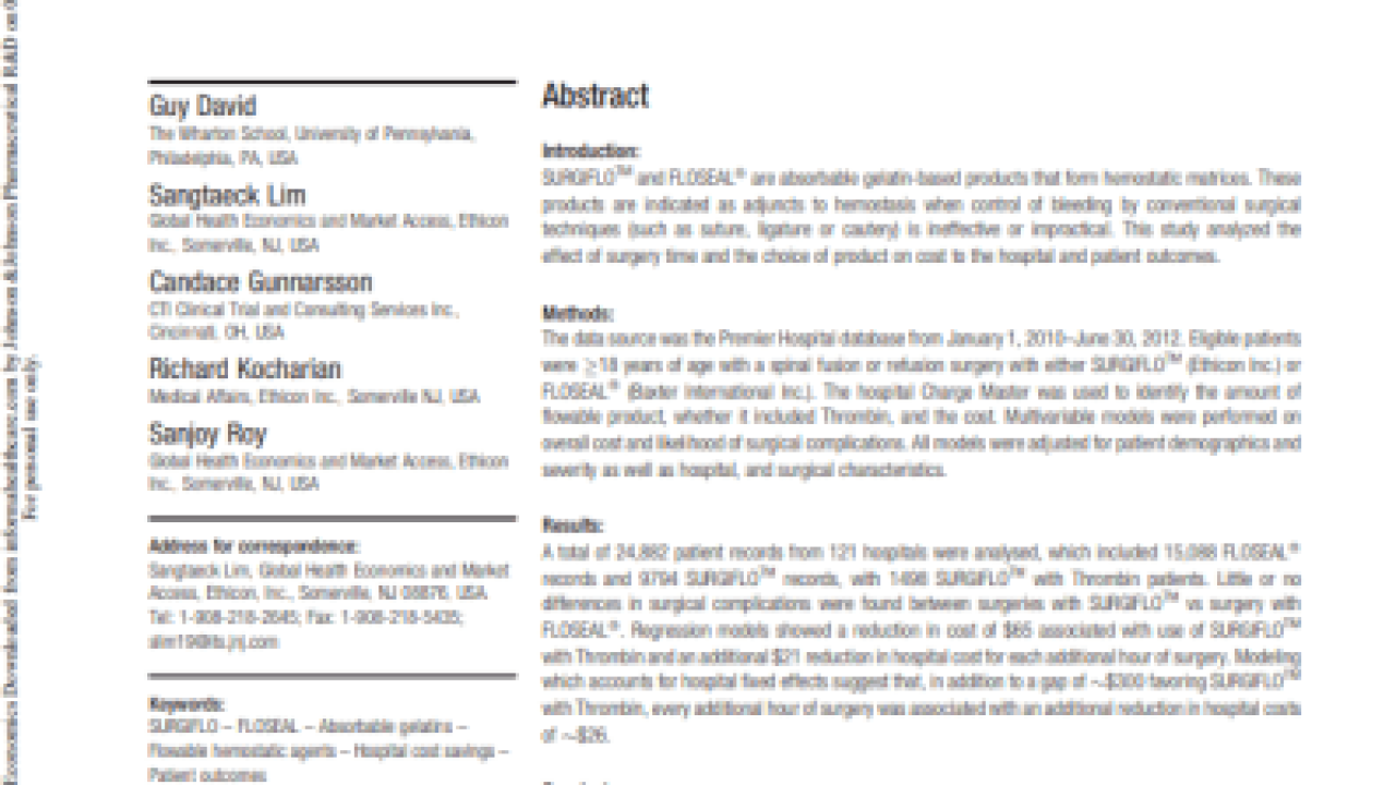 An image of the "Similar Patient Outcomes, Yet Different Hospital Costs Between Flowable Hemostatic Agents" document on the JnJInstitute.com website.