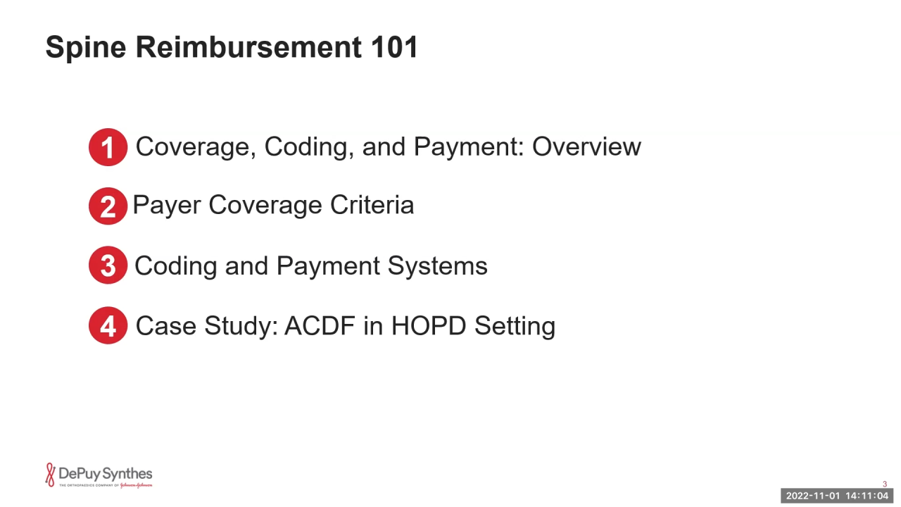 Am image from the "Spine Reimbursement 101 with Jake Benowitz, MPH" video on the JnJInstitute.com website.