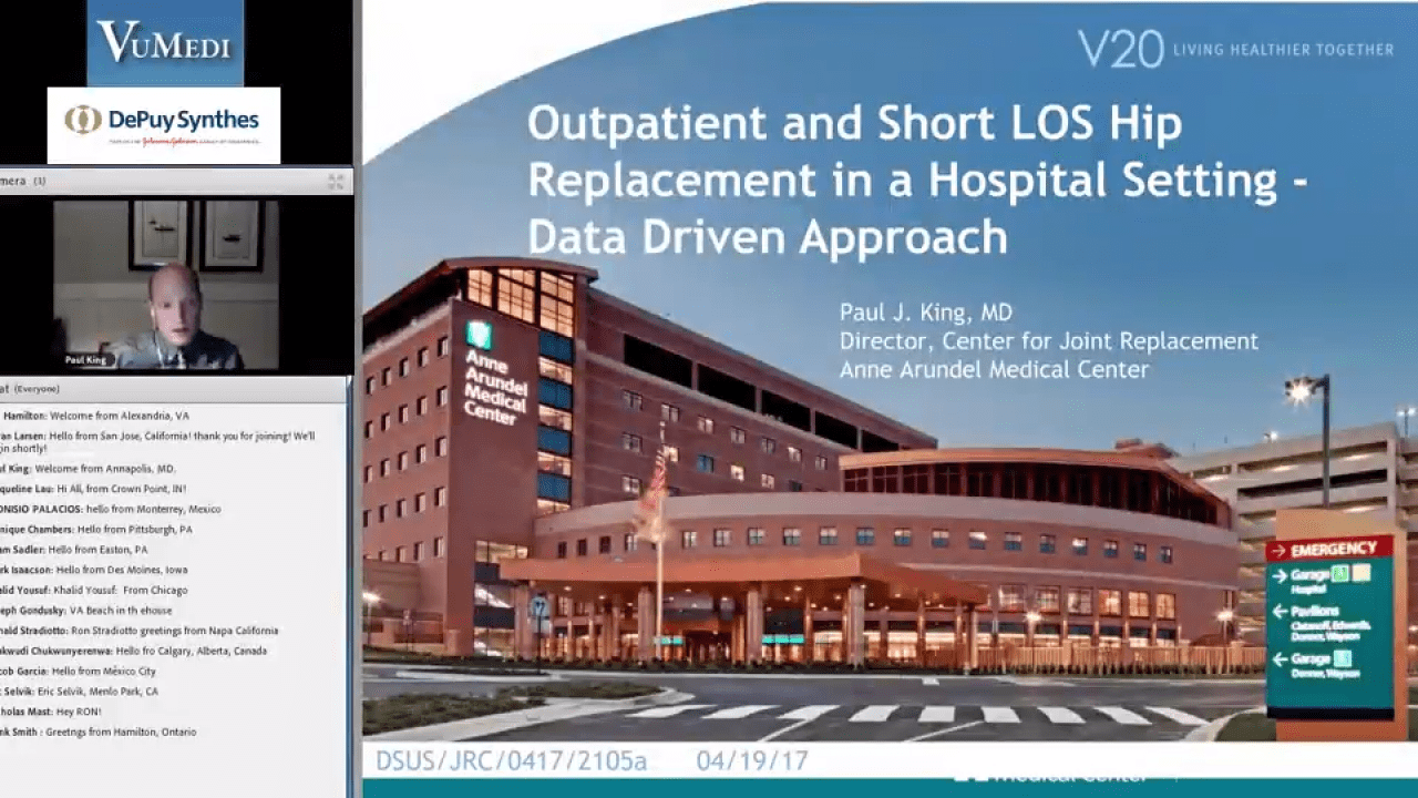 An image from the "Outpatient & Short Length of Stay Hip Replacement in a Hospital Setting - Data Driven Approach with William Hamilton, MD" video on the JnJInstitute.com website.