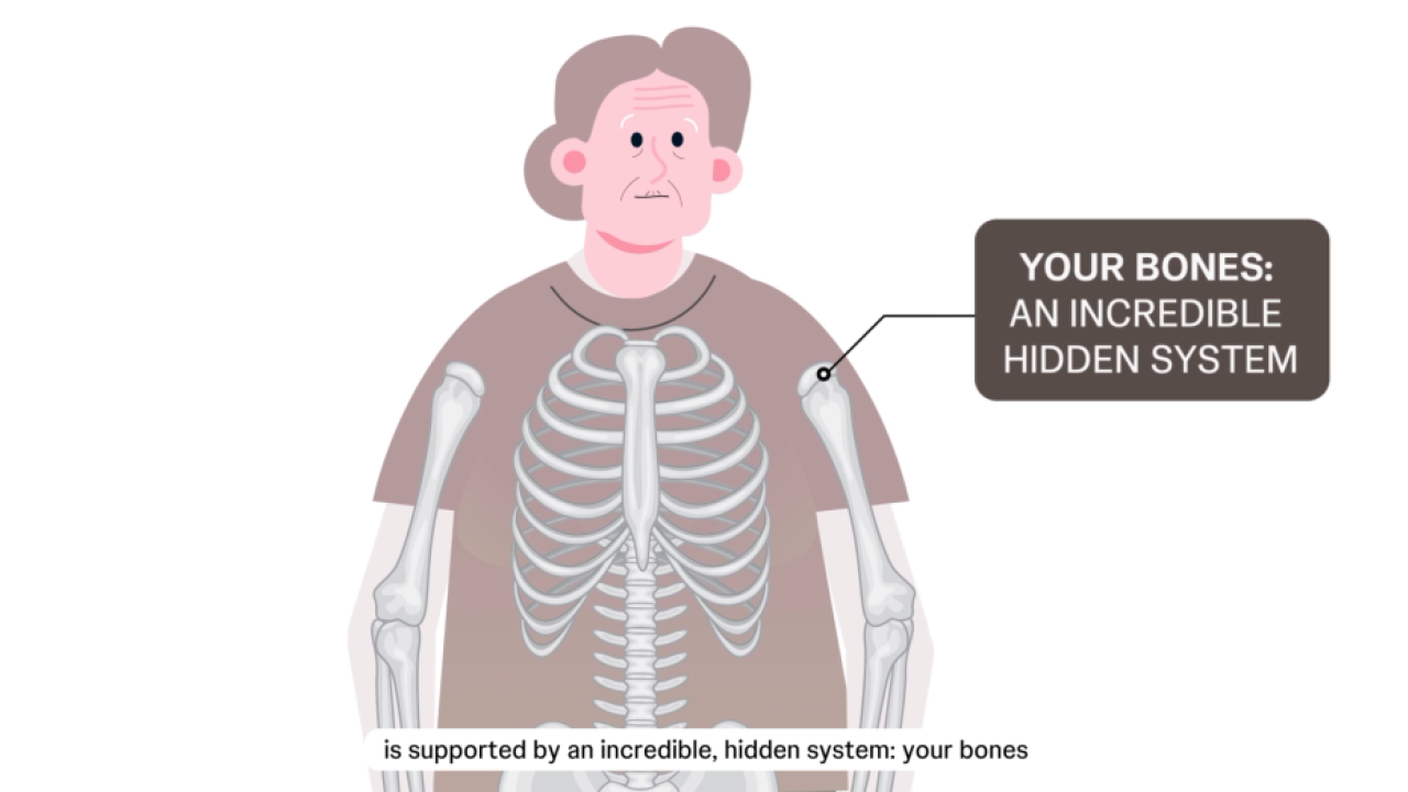 A graphic of an older women where her inner skeleton is visible from Understanding Osteoporosis Video 