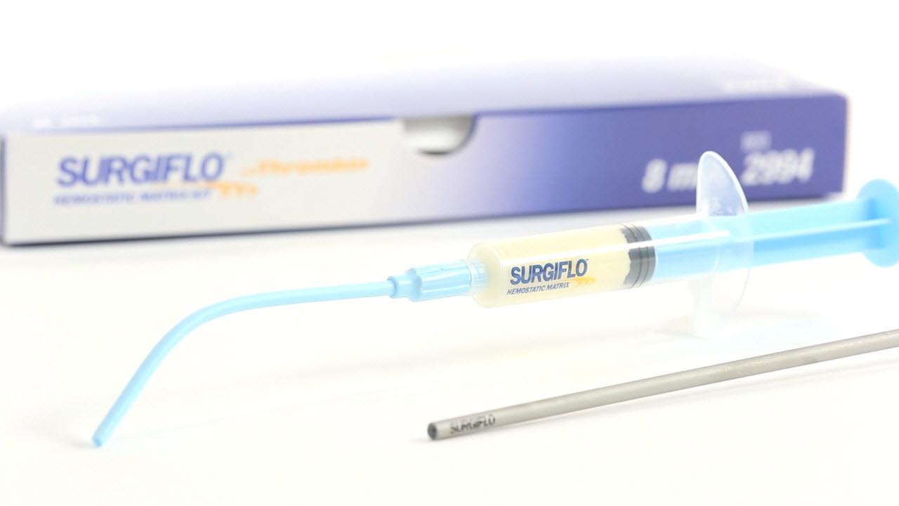 An image of the "SURGIFLO Hemostatic Matrix Kit Product Overview" video.