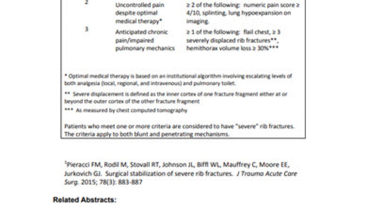 An image of the "Denver Health Medical Center Indications for Severe Rib Fracture Surgical Stabilization" document on the JnJInstitute.com website.